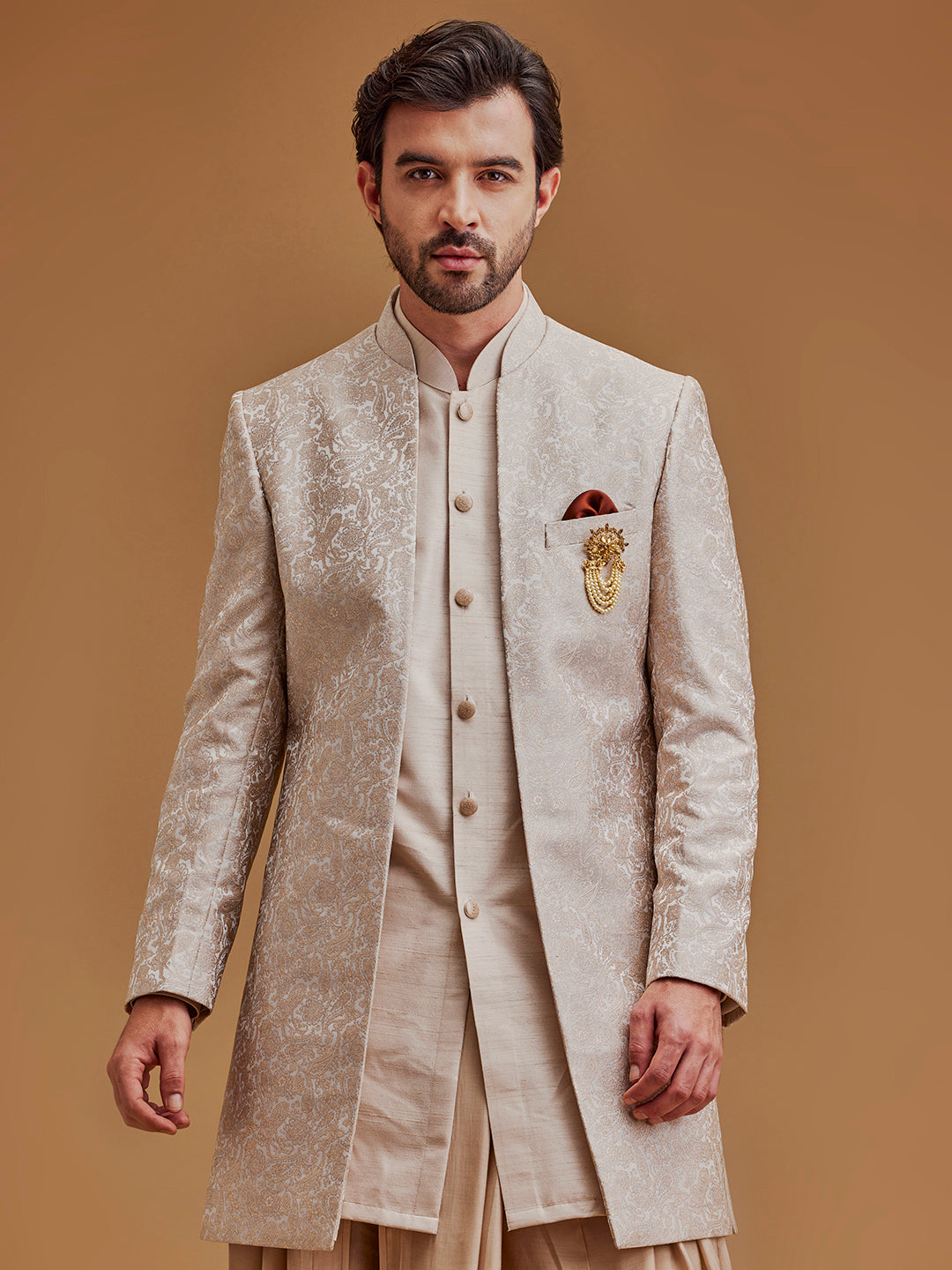 Beige Paisley Printed Achkan