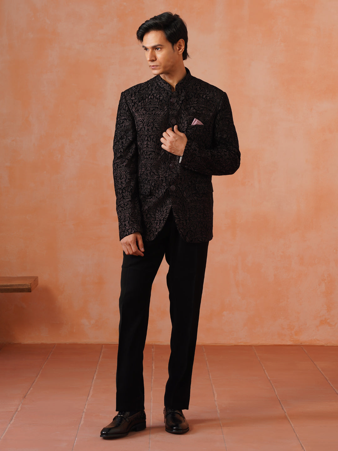 Brown Embroidered Indo Western 2-Piece Bandhgala