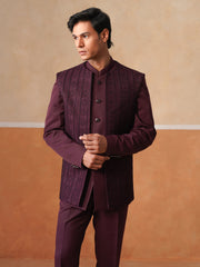 Maroon Embroidered Indo Western 3-Piece Bandhgala
