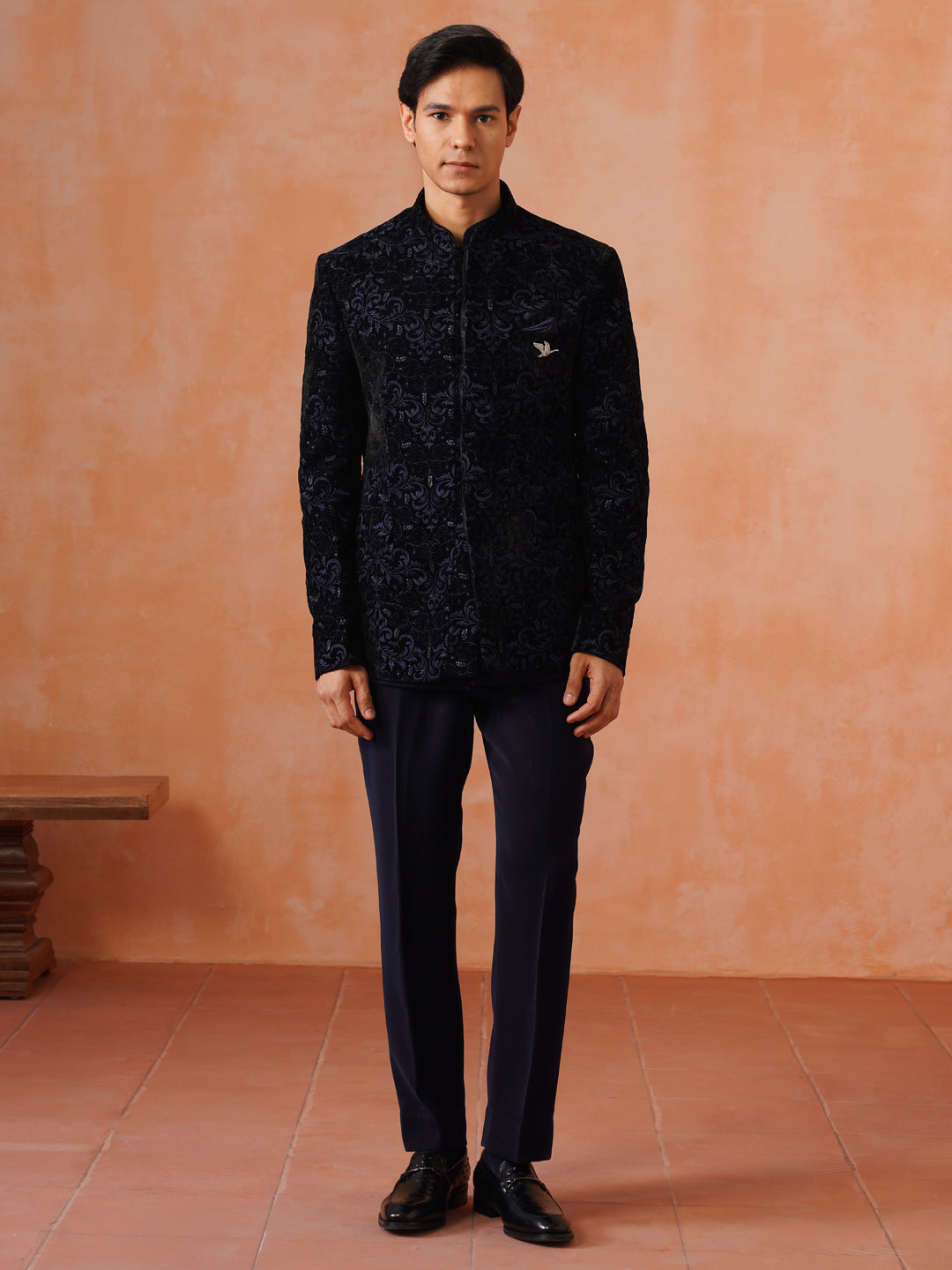 Navy Blue Embroidered Indo Western 2-Piece Bandhgala