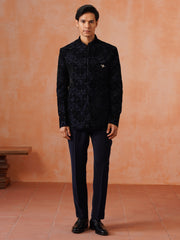 Navy Blue Embroidered Indo Western 2-Piece Bandhgala