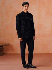 Navy Blue Embroidered Indo Western 2-Piece Bandhgala