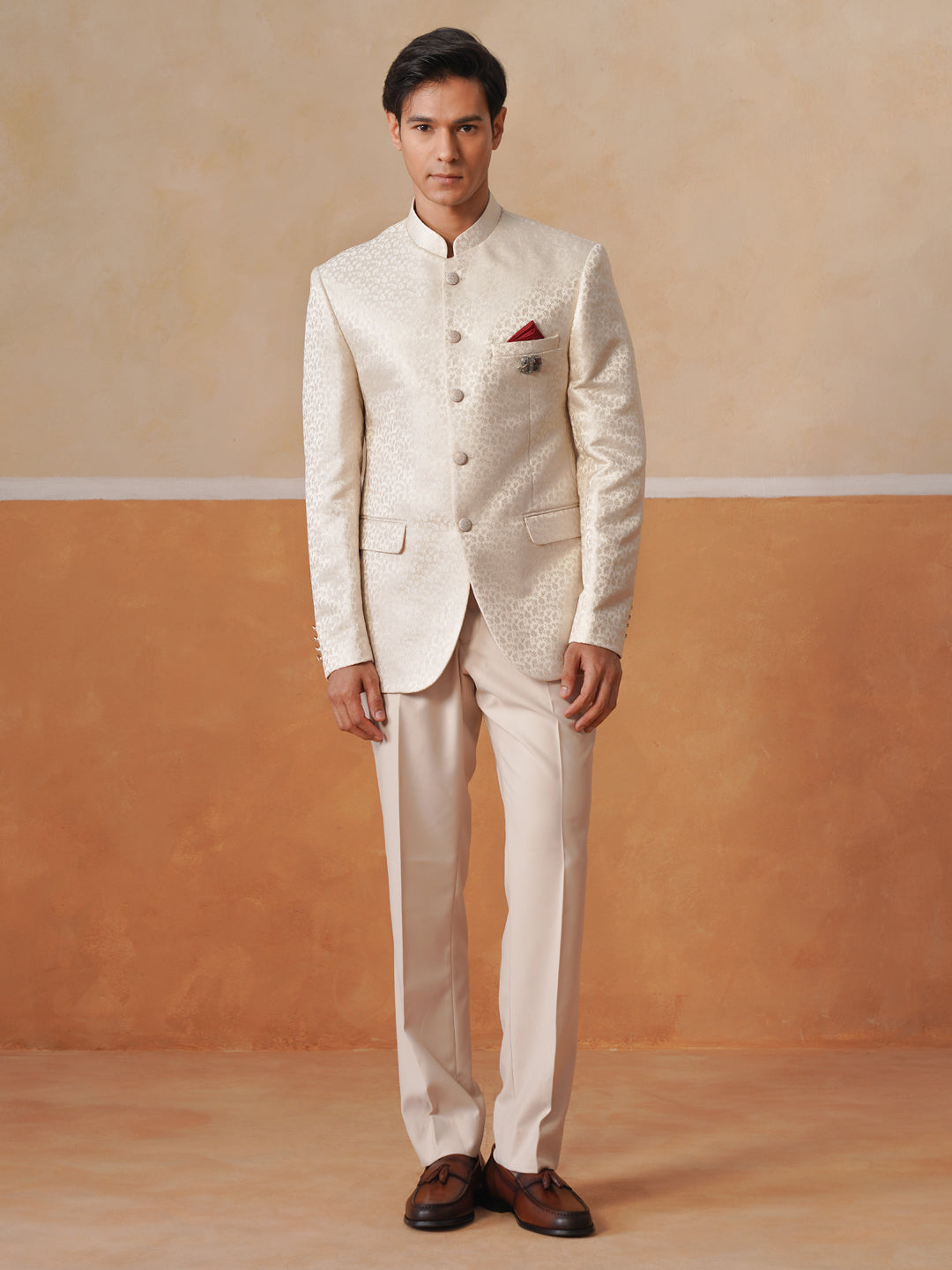 Cream Self Designed Indo Western 2-Piece Bandhgala