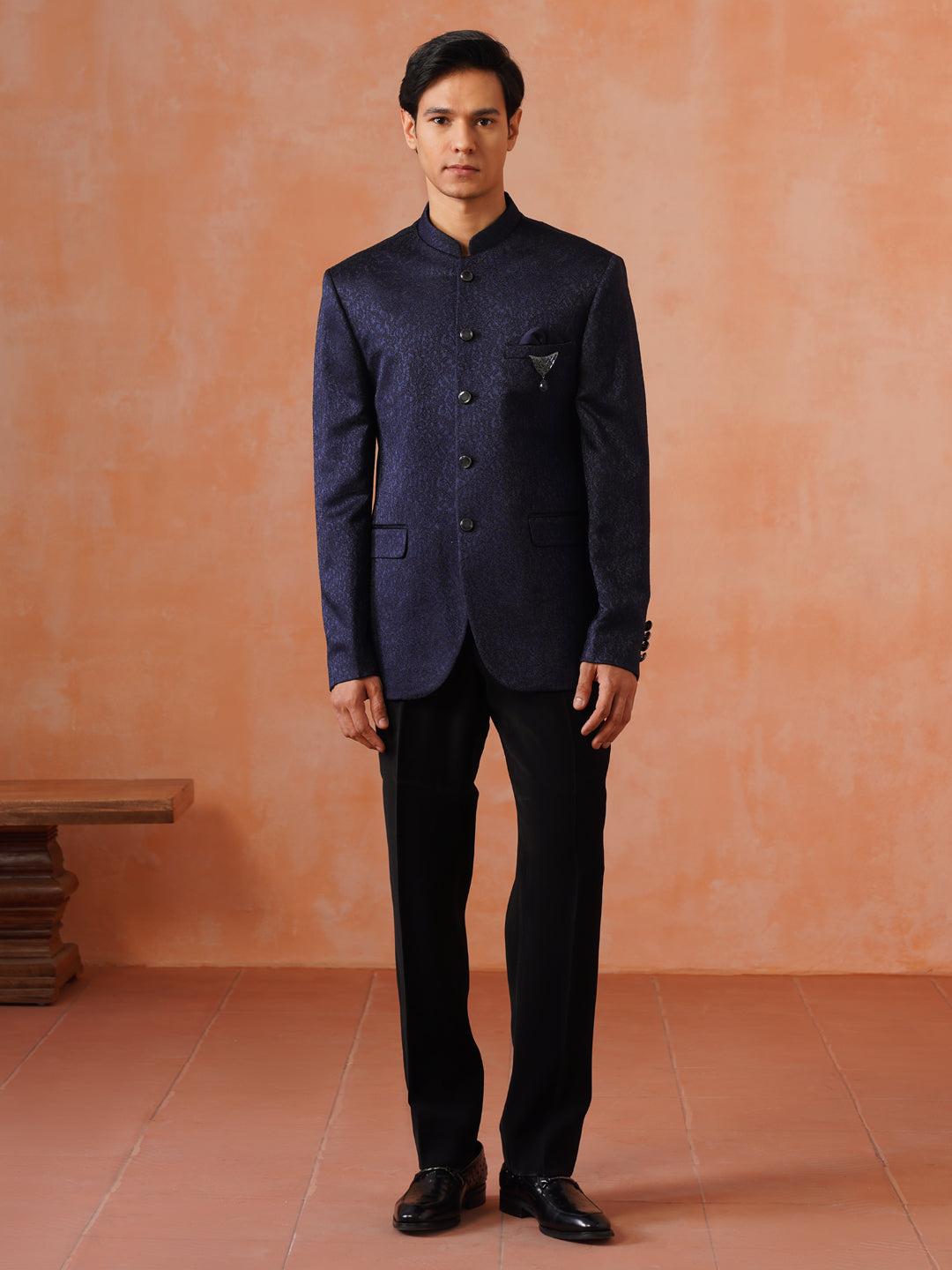 Navy Blue Self Designed Indo Western 2-Piece Bandhgala
