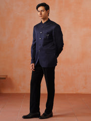Navy Blue Self Designed Indo Western 2-Piece Bandhgala