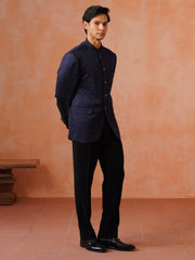 Navy Blue Self Designed Indo Western 2-Piece Bandhgala