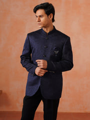 Navy Blue Self Designed Indo Western 2-Piece Bandhgala