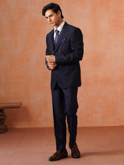 Men’s  Navy Blue Textured Peak Collar Suit Set