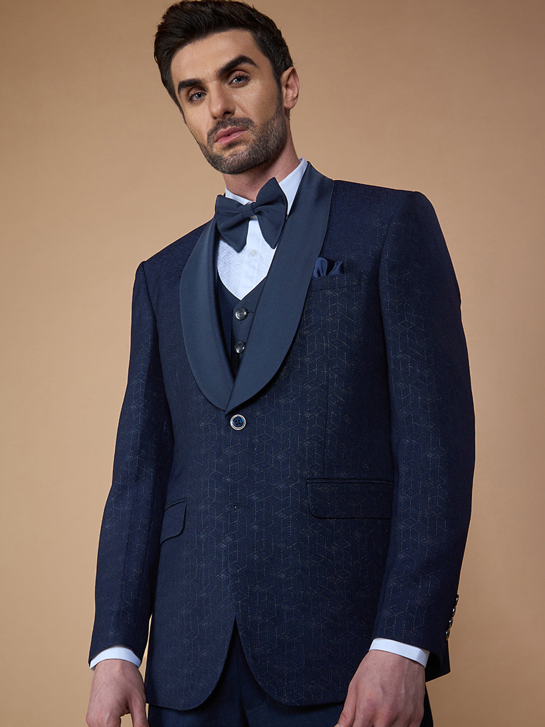 Navy Blue Textured Five Piece Suit