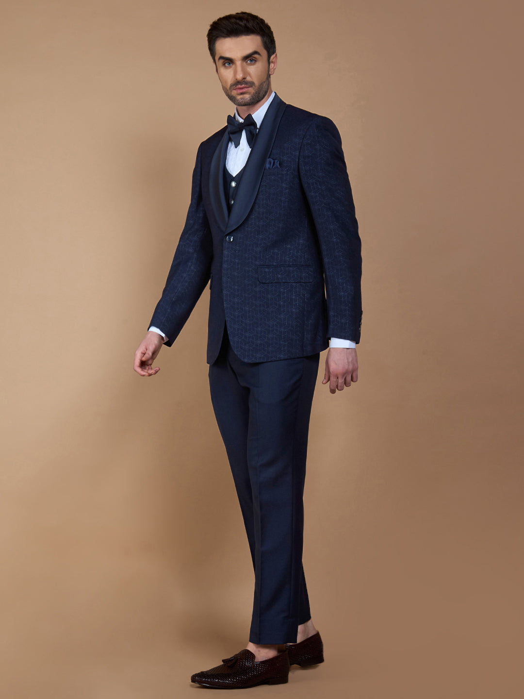 Navy Blue Textured Five Piece Suit