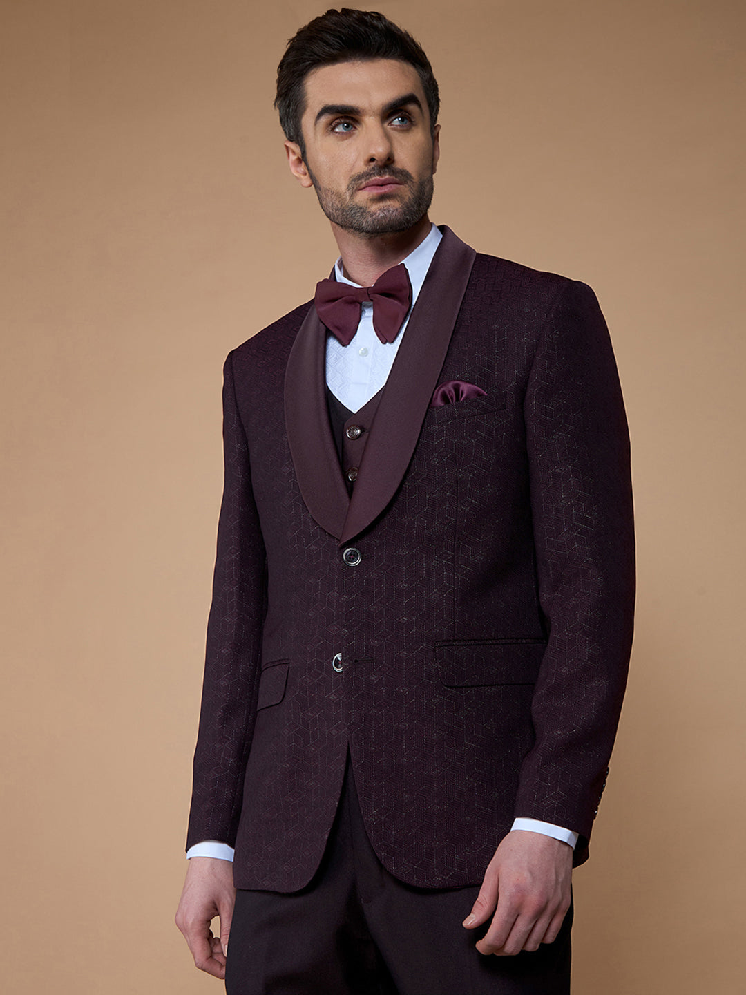 Maroon Textured Five Piece Suit