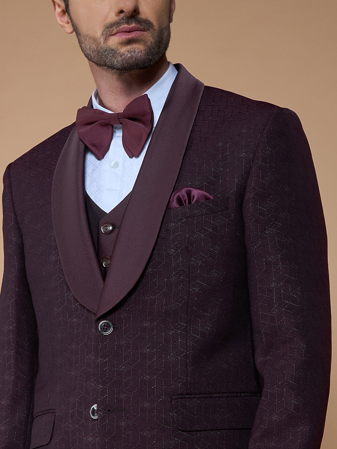 Maroon Textured Five Piece Suit