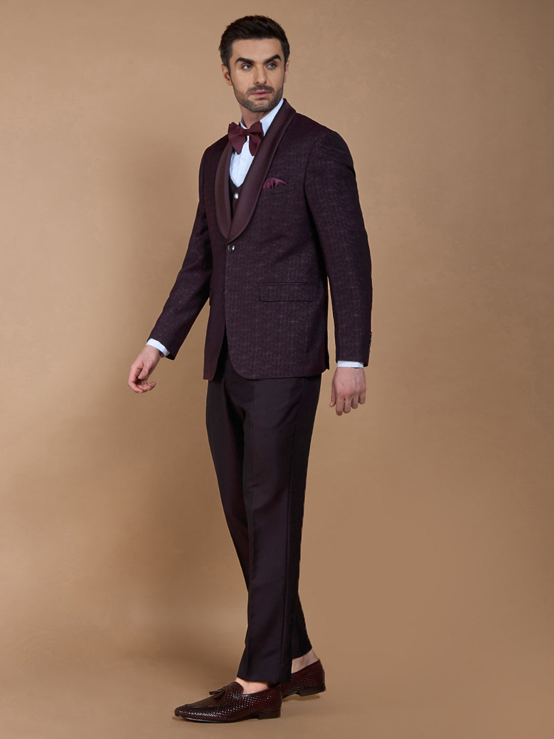 Maroon Textured Five Piece Suit