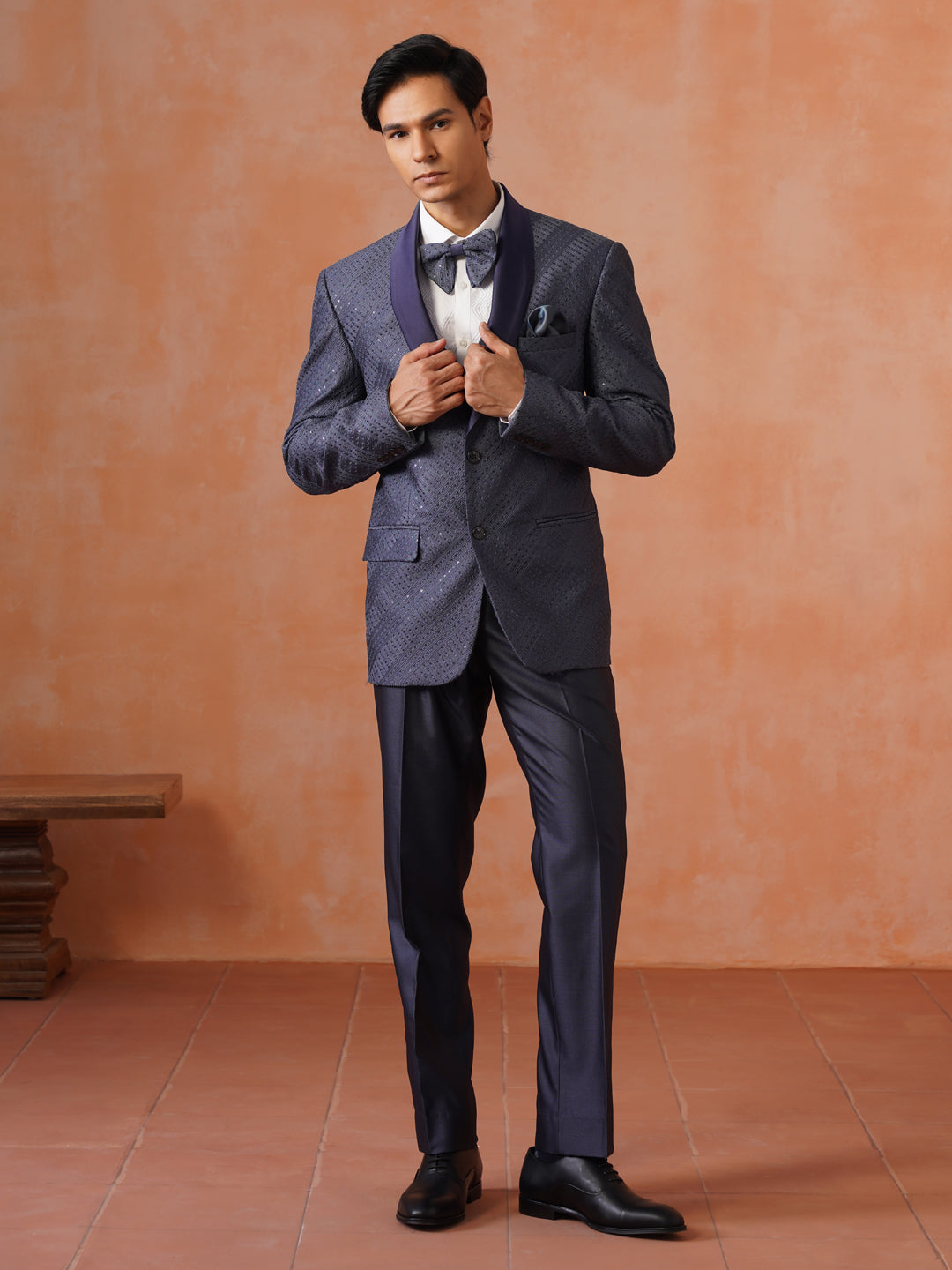 Men’s  Grey Sequence Shawl Collar Suit Set