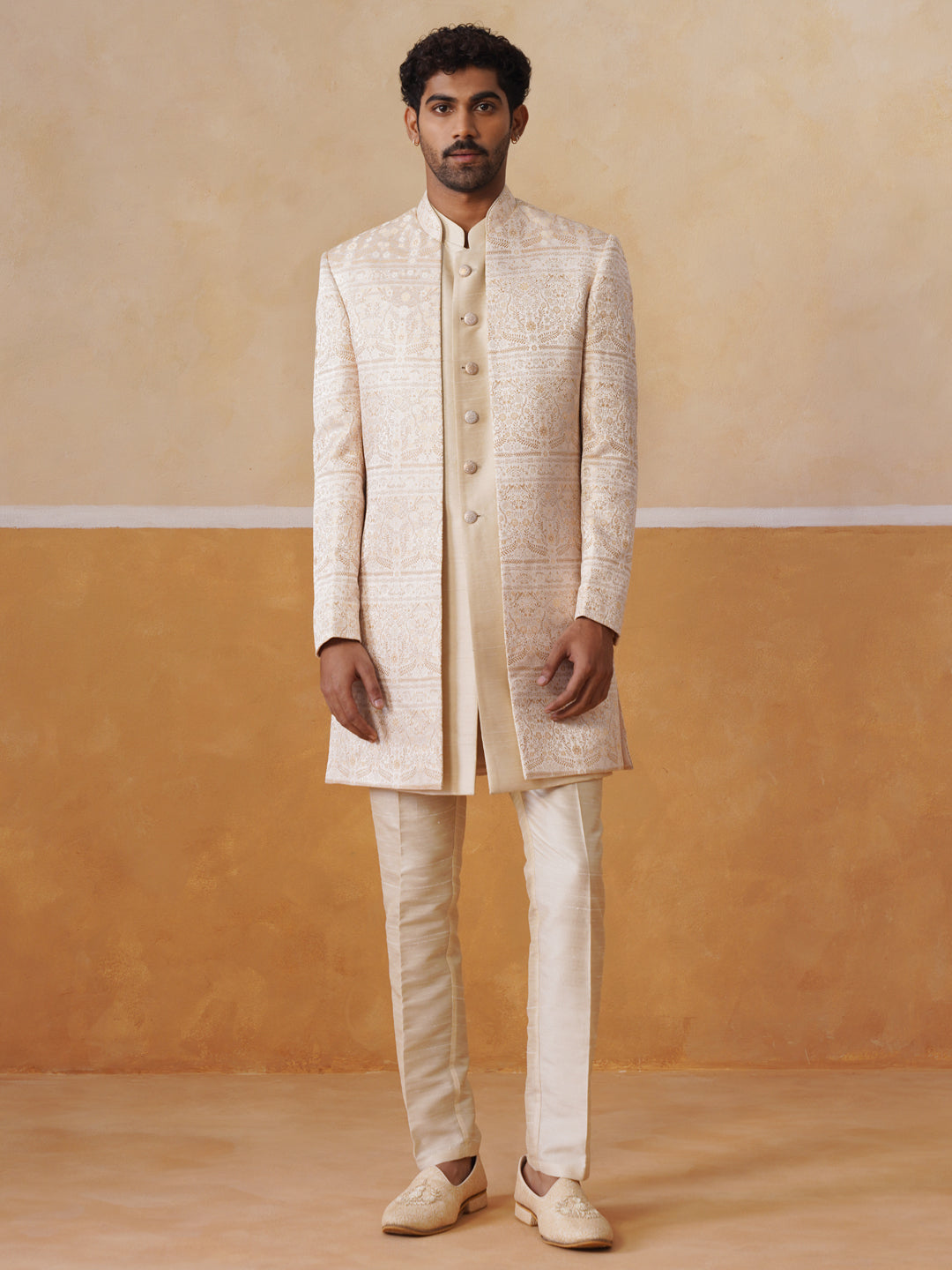 Cream Embroidered Mandarin Collar Achkan
