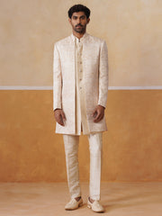 Cream Embroidered Mandarin Collar Achkan