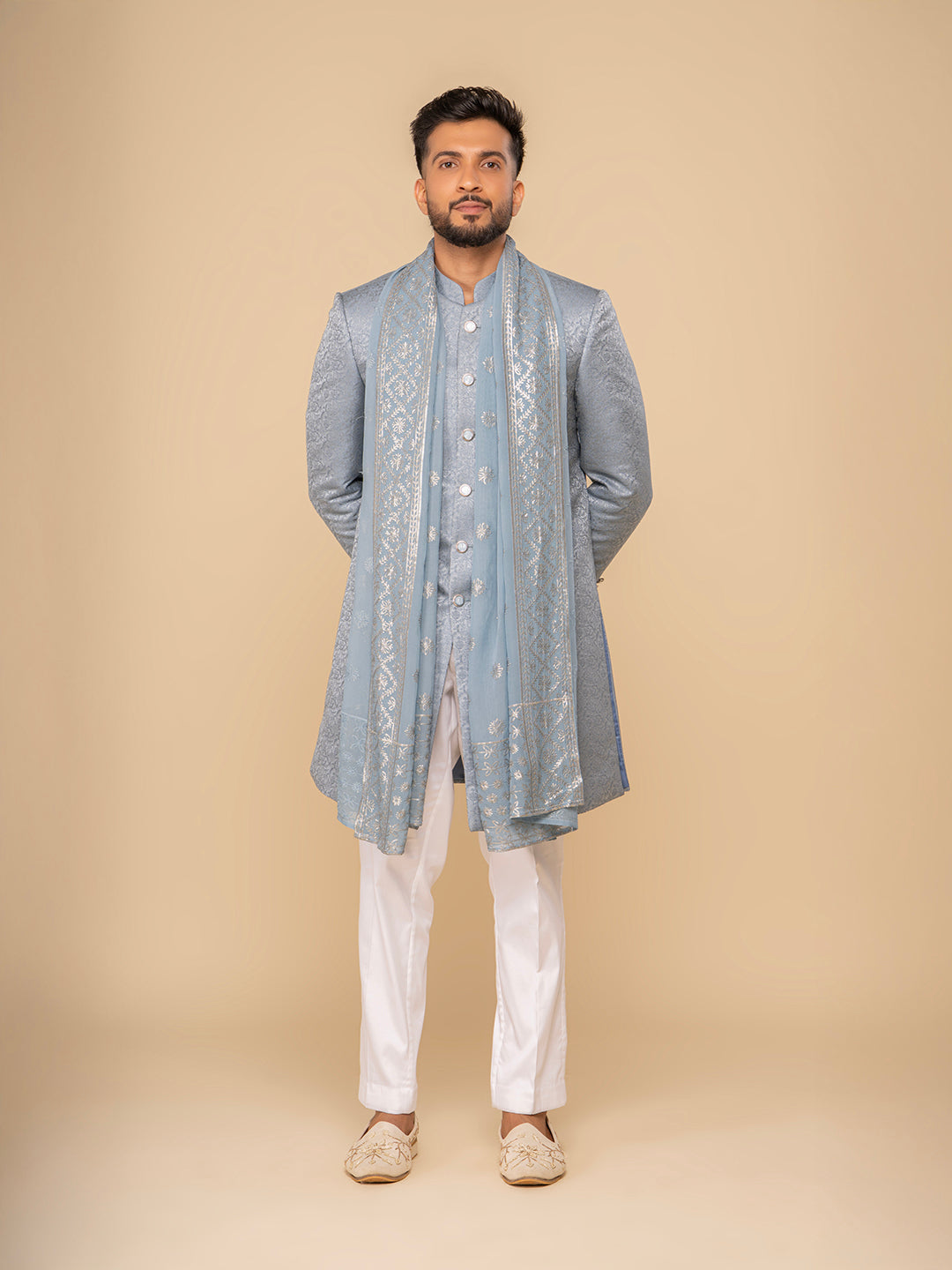 Sea Blue Mandarin Collar Achkan