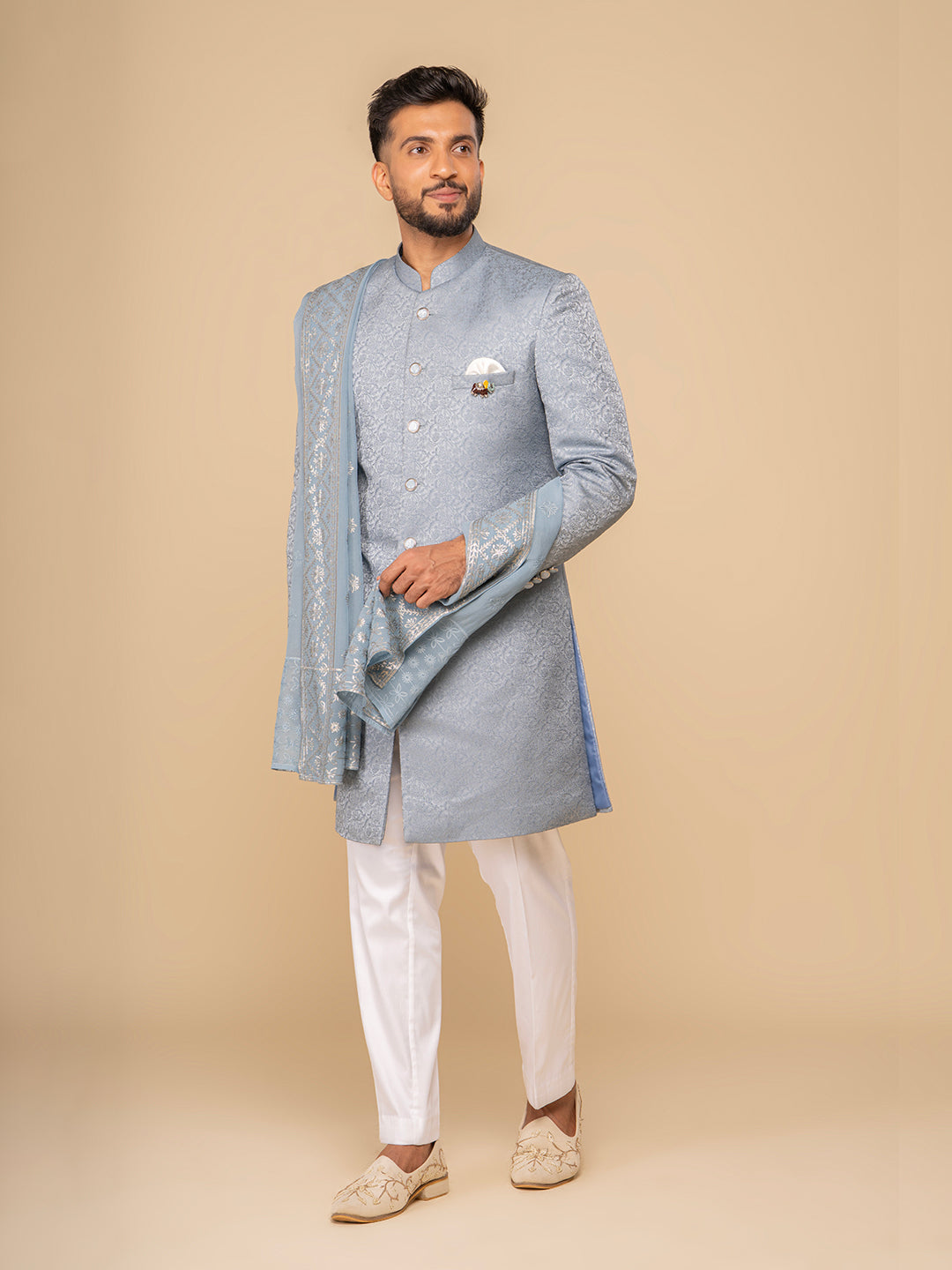 Sea Blue Mandarin Collar Achkan