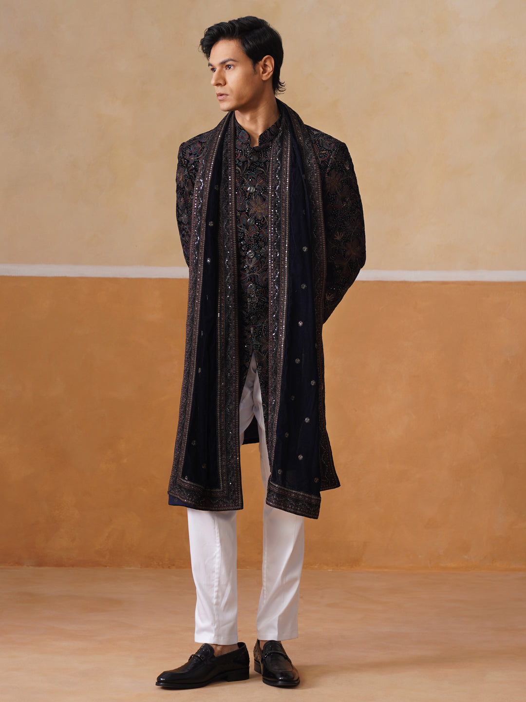 Black Floral Mandarin Collar Achkan