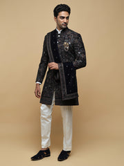 Black Floral Mandarin Collar Achkan