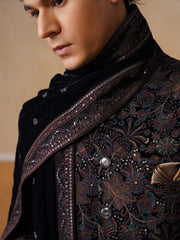 Black Floral Mandarin Collar Achkan