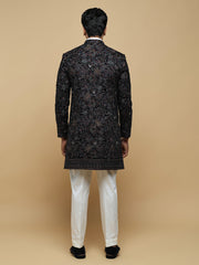 Black Floral Mandarin Collar Achkan