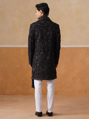 Black Floral Mandarin Collar Achkan