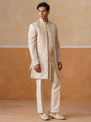 Beige Embroidered Mandarin Collar Achkan