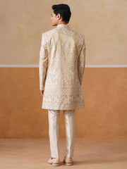 Beige Embroidered Mandarin Collar Achkan