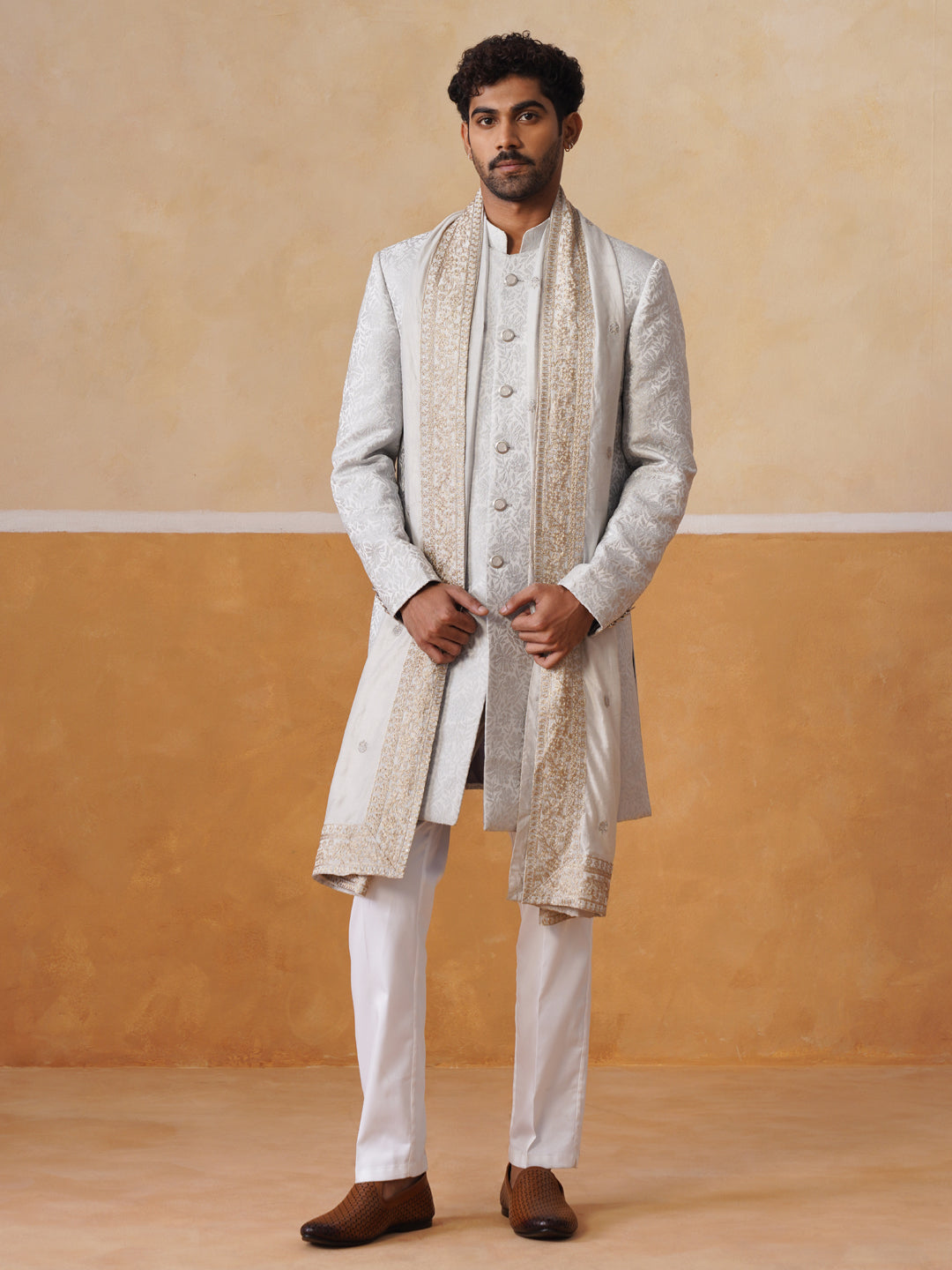 Grey Embroidered Mandarin Collar Achkan