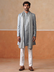 Elegant Silver Mandarin Collar Achkan