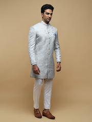 Elegant Silver Mandarin Collar Achkan