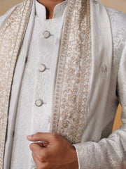 Grey Embroidered Mandarin Collar Achkan