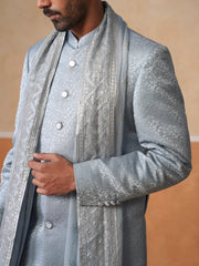 Elegant Silver Mandarin Collar Achkan