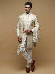 Elegant Cream Mandarin Collar Achkan