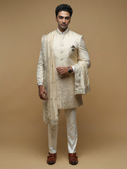 Elegant Cream Mandarin Collar Achkan