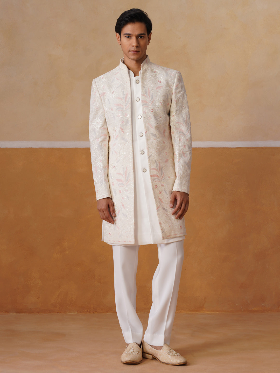 Cream Embroidered Mandarin Collar Achkan