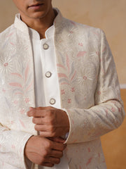 Cream Embroidered Mandarin Collar Achkan