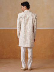 Cream Embroidered Mandarin Collar Achkan