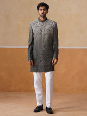 Grey Floral Embroidered Mandarin Collar Achkan