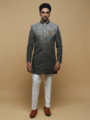 Grey Floral Embroidered Mandarin Collar Achkan