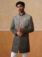 Grey Floral Embroidered Mandarin Collar Achkan