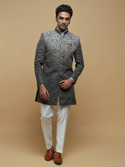 Grey Floral Embroidered Mandarin Collar Achkan