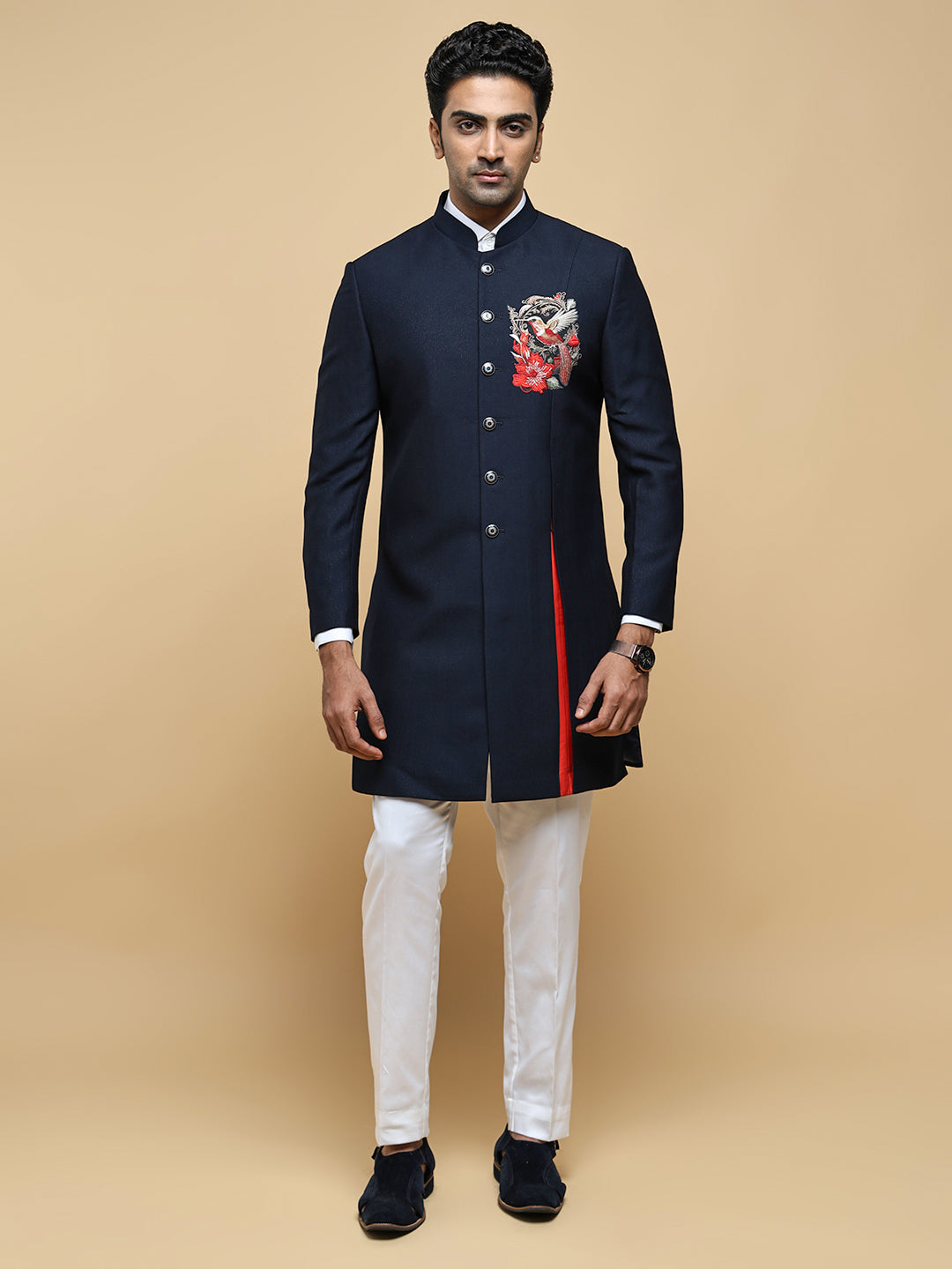 Blue Embroidered Mandarin Collar Achkan