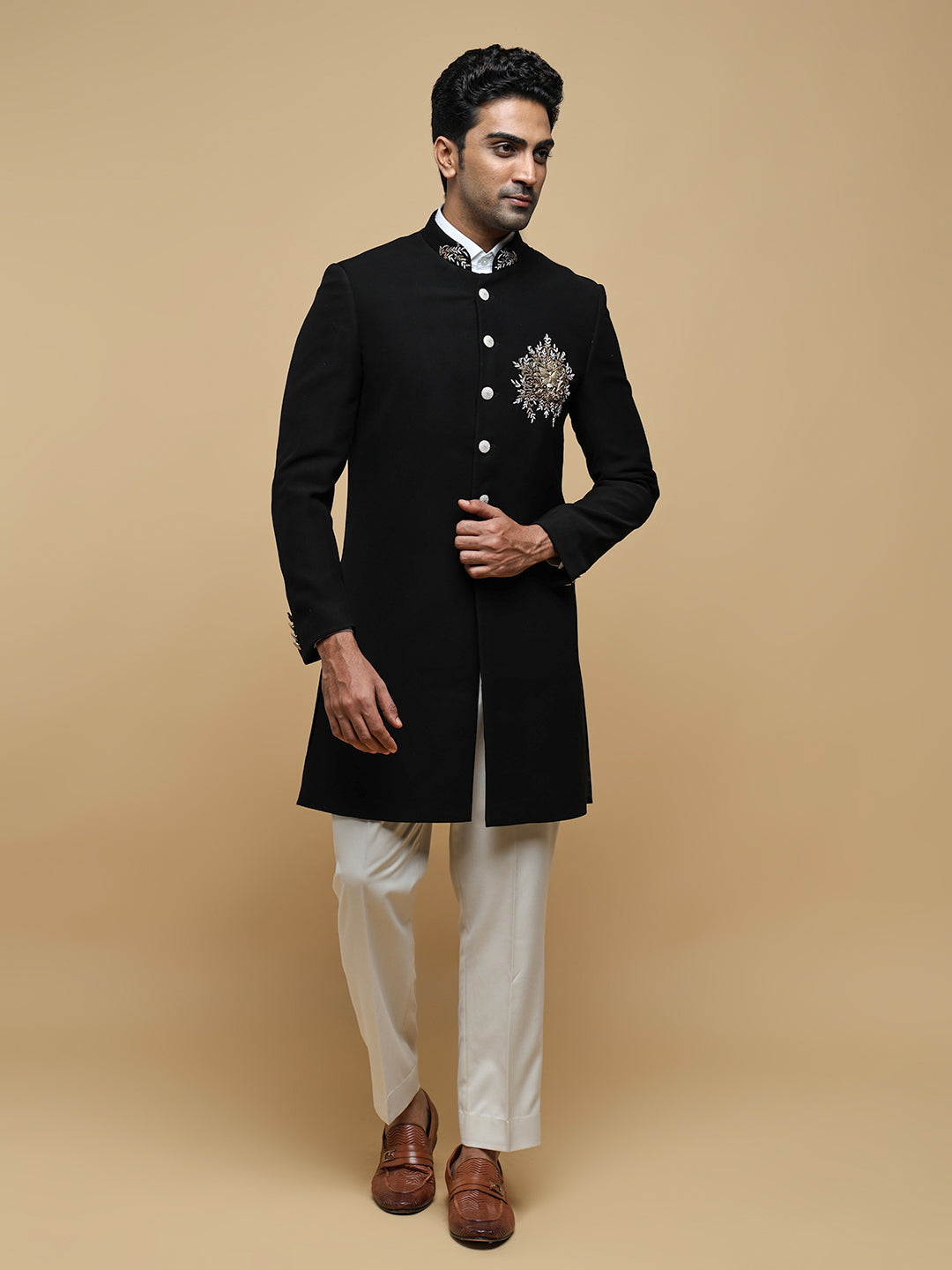 Black Embroidered Mandarin Collar Achkan