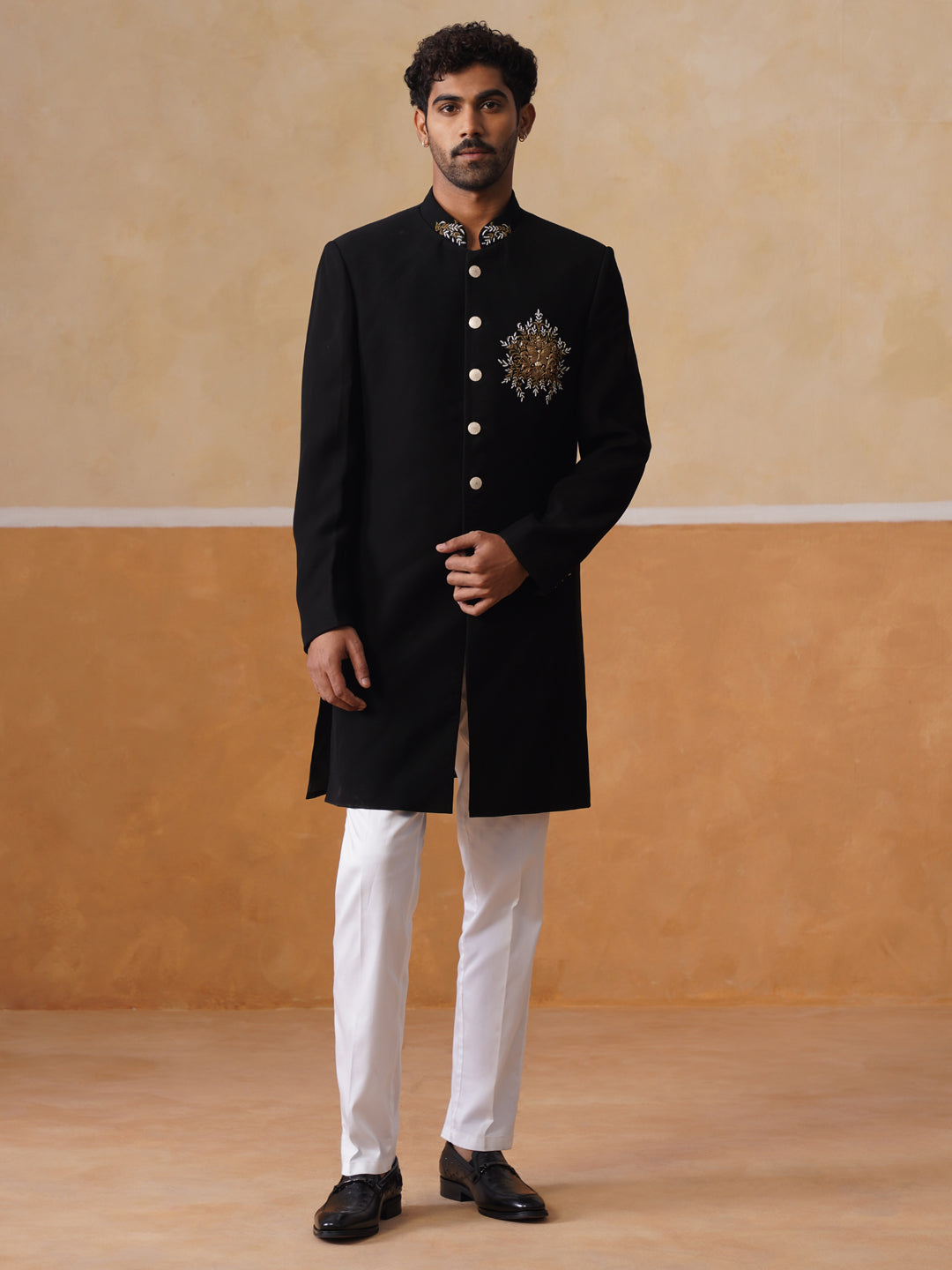 Black Embroidered Mandarin Collar Achkan
