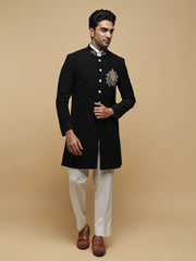 Black Embroidered Mandarin Collar Achkan
