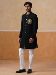 Black Embroidered Mandarin Collar Achkan