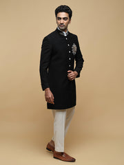 Black Embroidered Mandarin Collar Achkan