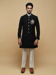 Black Embroidered Mandarin Collar Achkan